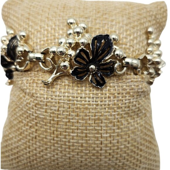 Vintage Sarah Coventry Bracelet Golden Grape Clusters and Black Flowers 7in. - Picture 2 of 6
